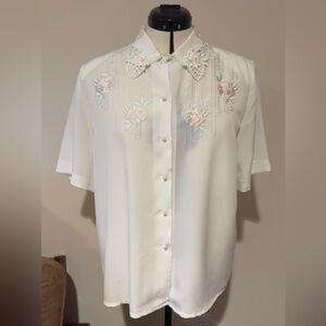 Vintage Embroidered Floral Blouse Peter Pan Collar 90s Top Size 12